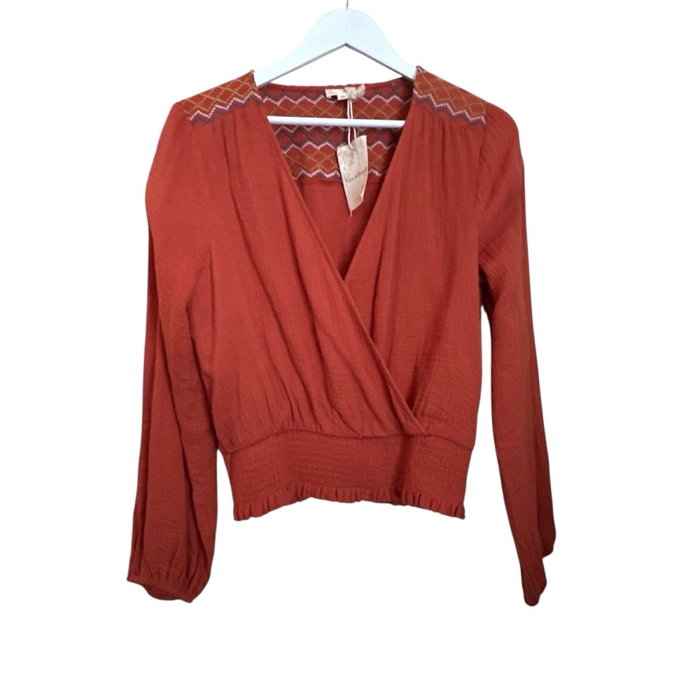 Hem & Thread Rust Wrap Embroidered Smocked Peasant Blouse Women Sz M